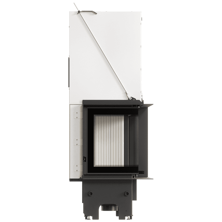 Balstil Milano 810x410 – Linksseitiger Eckkamin mit Klapptüren, weiße Verkleidung