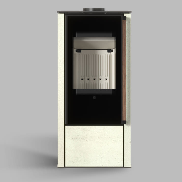 Freistehender Stahl-Kaminofen AKNA aus Ivory Glow Stein