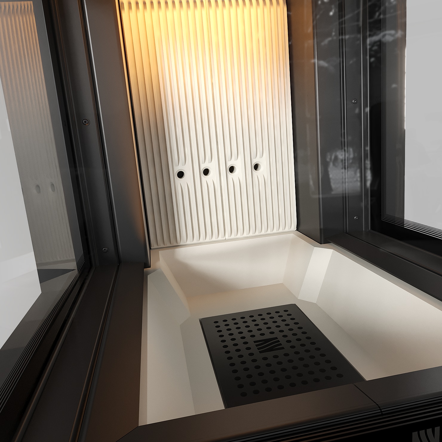 Balstil Milano 500×500 – Dreiseitiger Kamin mit Klapptüren, weiße Verkleidung