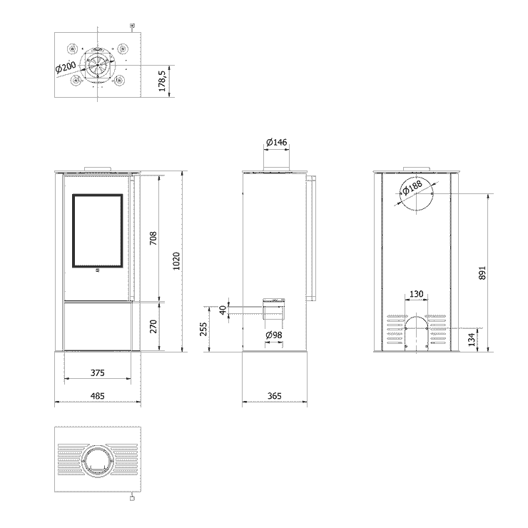 AKNA freestanding steel stove in FOKOS GRAFITE sinter with black lining