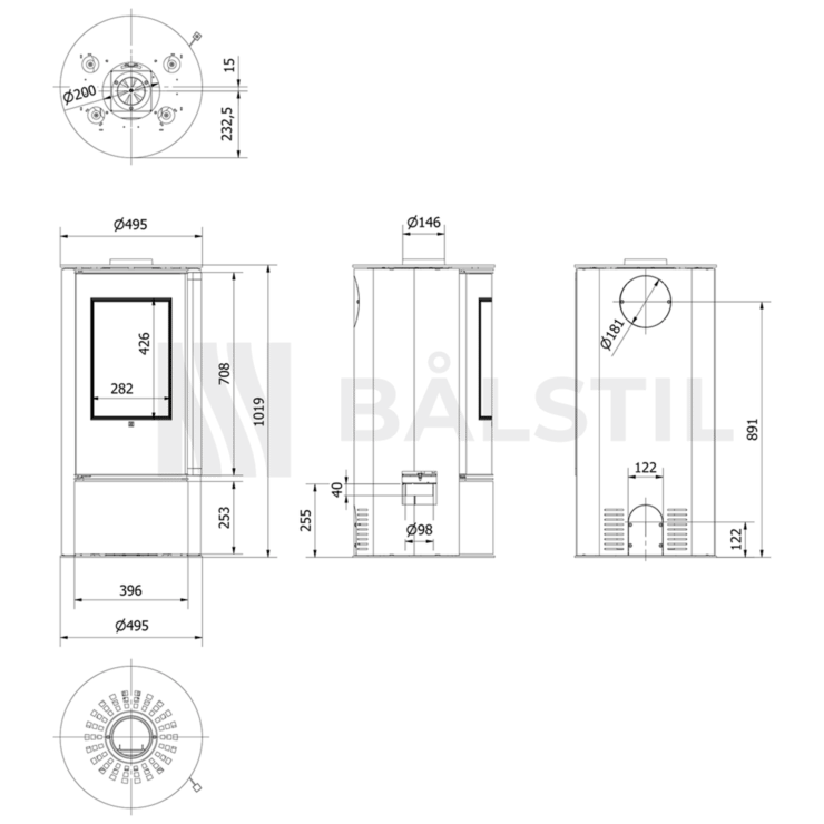 Freistehender Stahl-Kaminofen ORA mit schwarzer Innenauskleidung