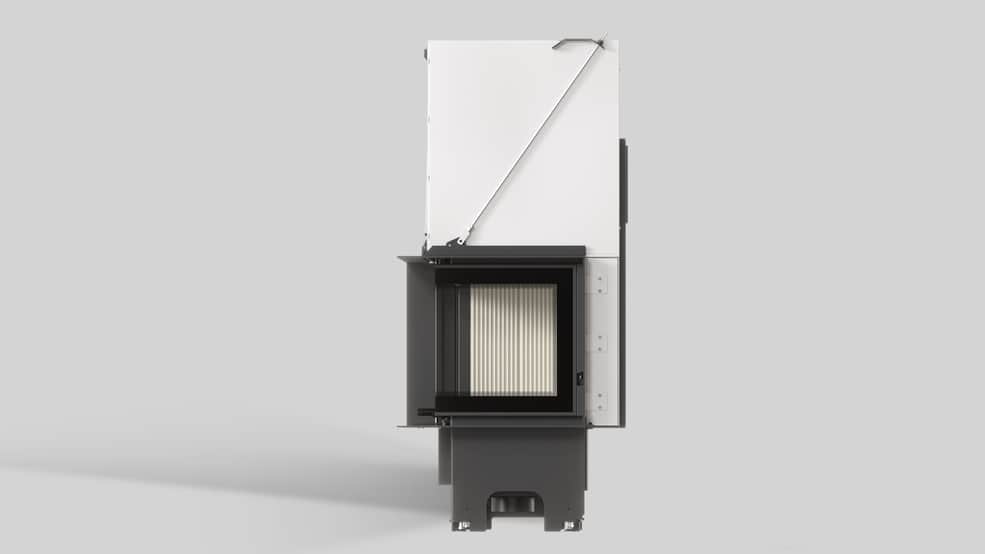 MILANO 610x430 Eckkamin rechts mit hochschiebbarer Tür, weißer Innenauskleidung