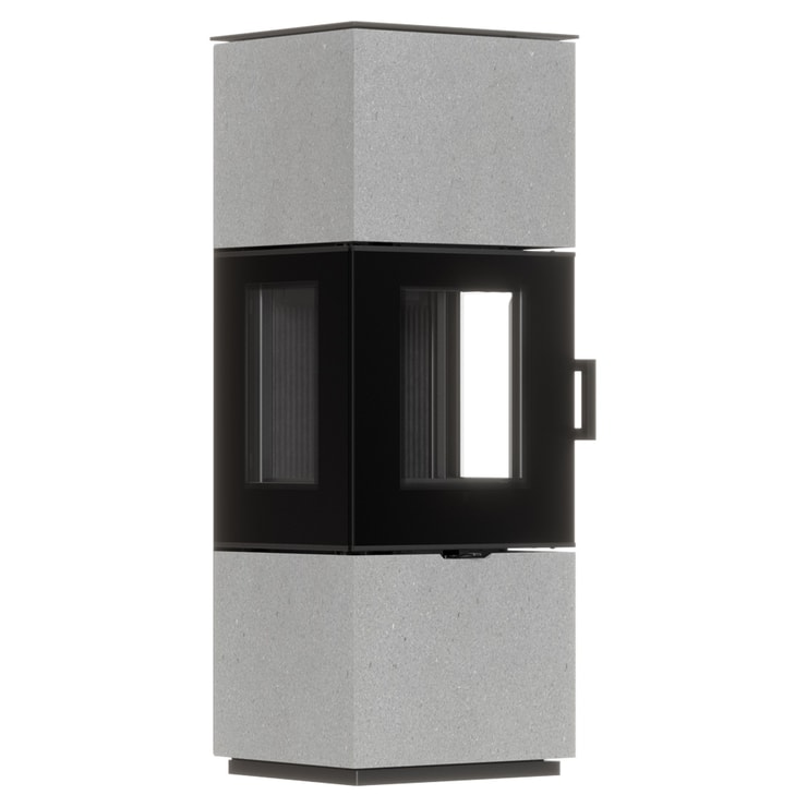 Freistehender Stahl-Kaminofen AXAM aus Luna Grigia Stein mit schwarzer Innenauskleidung