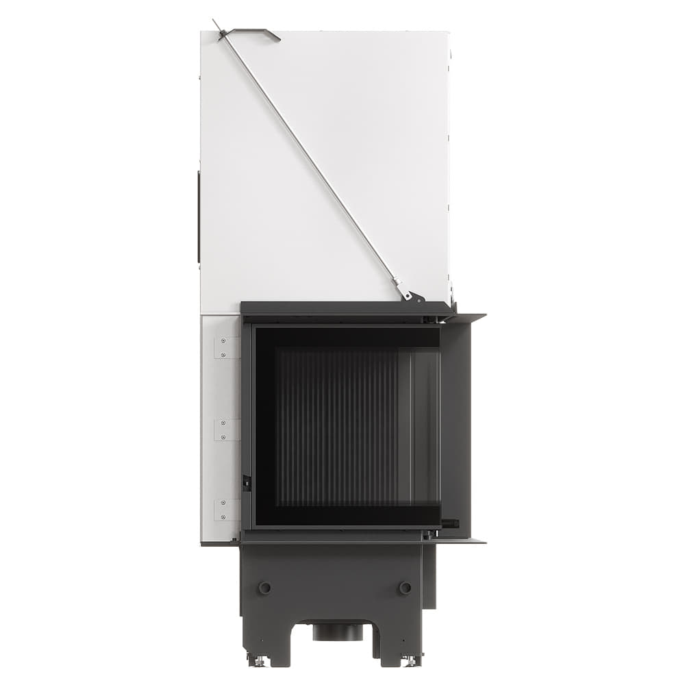 MILANO 700x480 Eckkamin links mit hochschiebbarer Tür, schwarzer Innenauskleidung