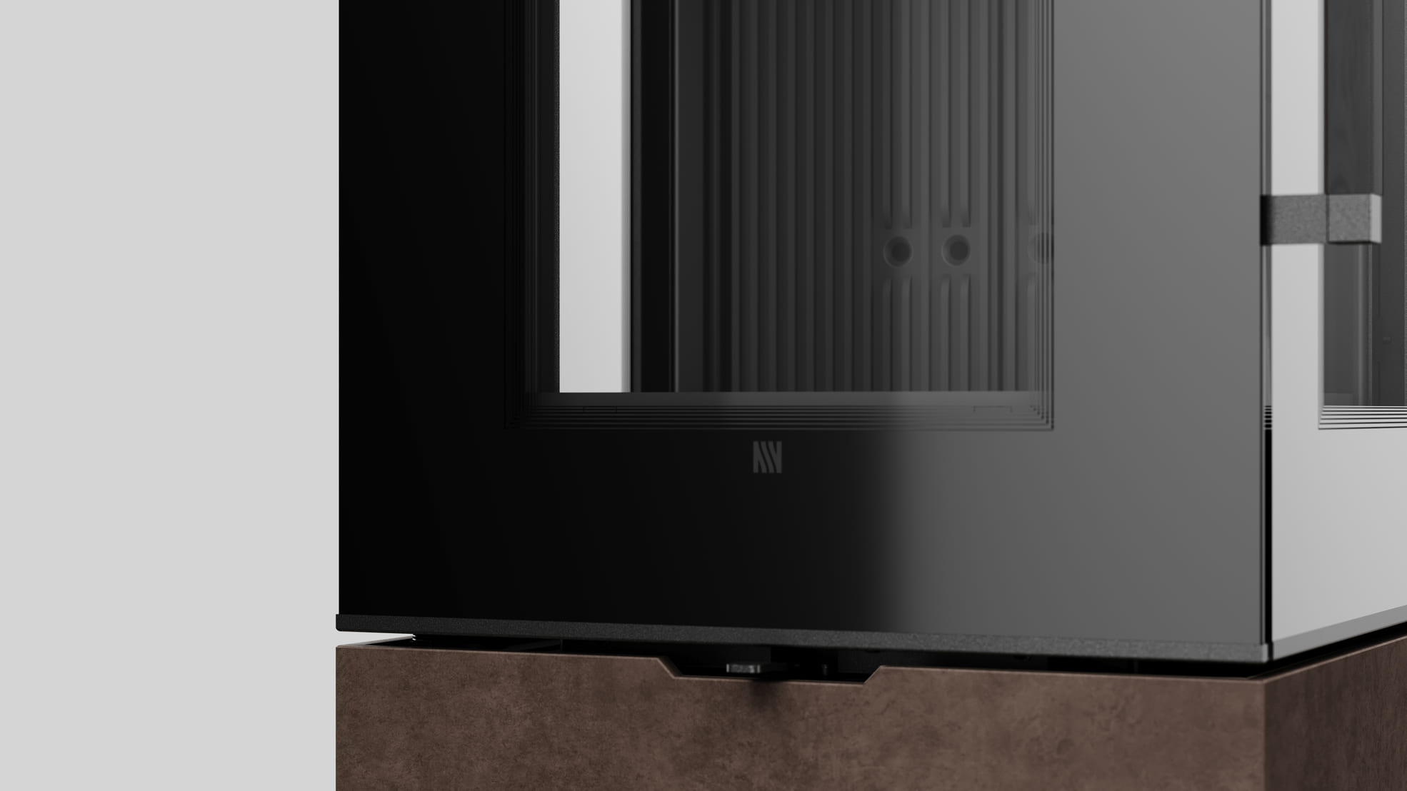 AXAM freistehender Stahlkaminofen in Fokos Roccia Sinterquarz, schwarze Auskleidung