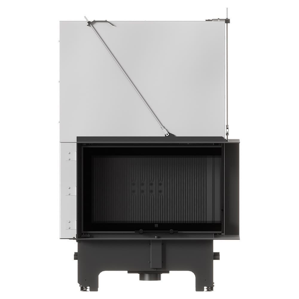 MILANO 810x410 Eckkamin rechts mit hochschiebbarer Tür, schwarzer Innenauskleidung