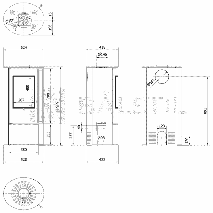 Piec wolnostojący stalowy ULV z czarnym wyłożeniem