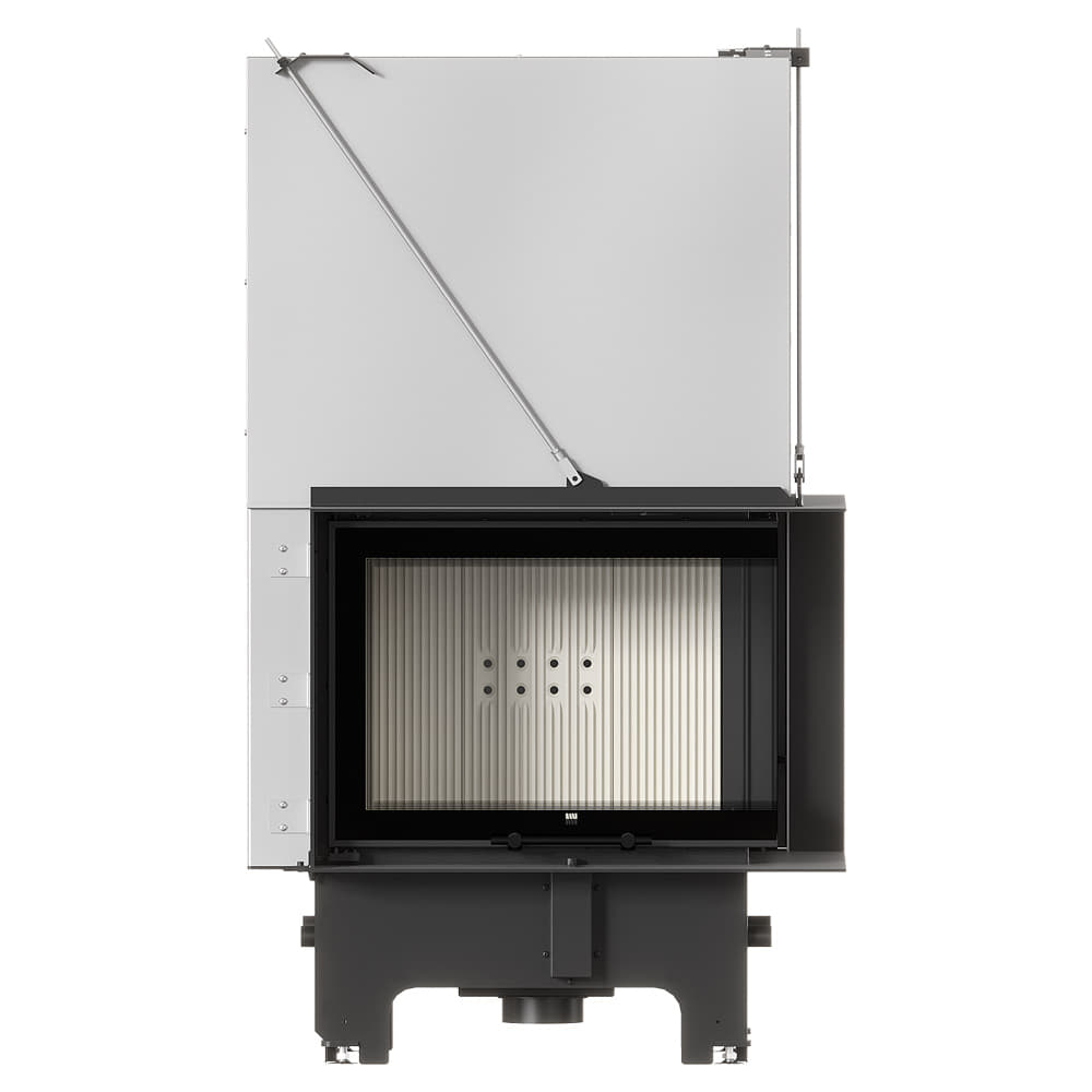 MILANO 700x480 – Rechtsseitiger Eckkamin mit Klapptüren, weiße Verkleidung