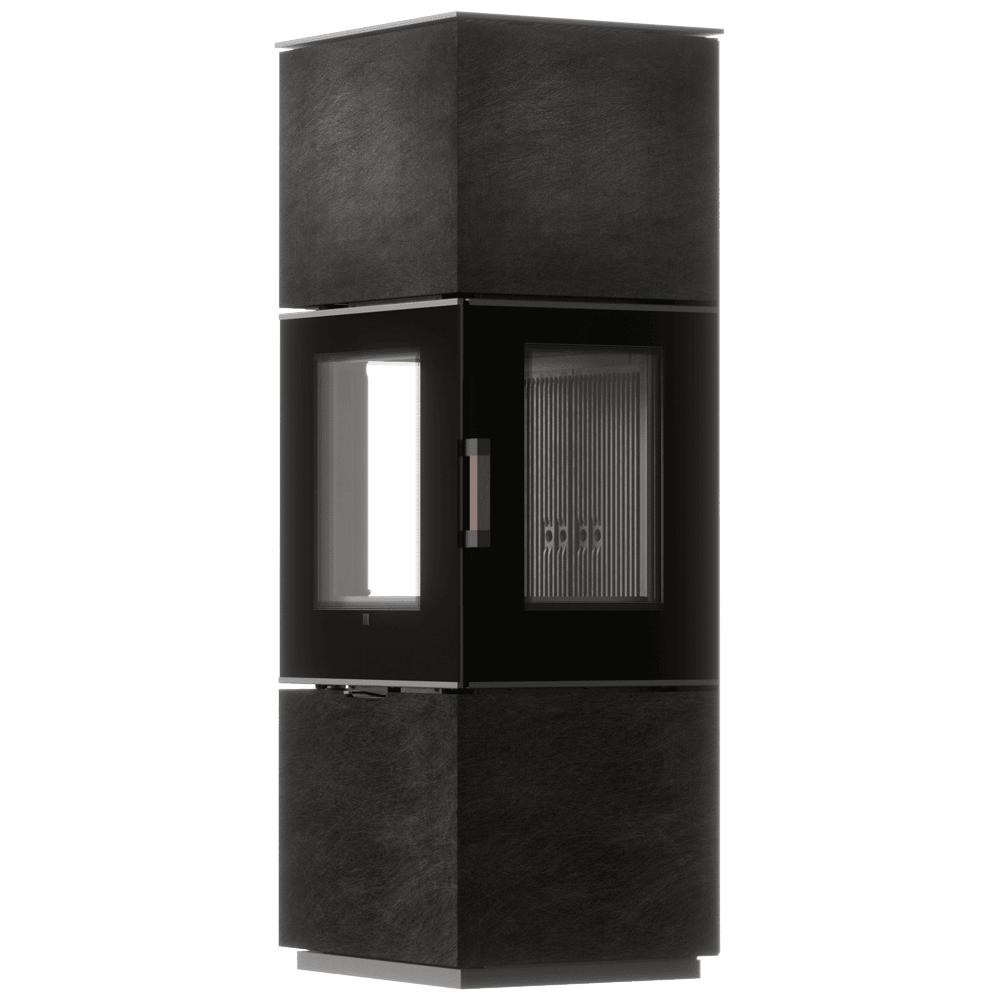 AXAM freistehender Stahlofen mit SETA LAKORIZONT-Sintergehäuse und schwarzer Verkleidung