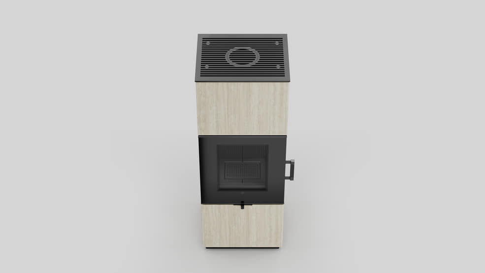 AXAM freistehender Stahlkaminofen in Hado Travertino Bianco Sinterquarz, schwarze Auskleidung