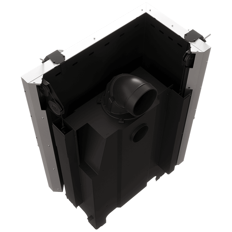 Balstil Milano 810x410 – Linksseitiger Eckkamin mit Klapptüren, weiße Verkleidung