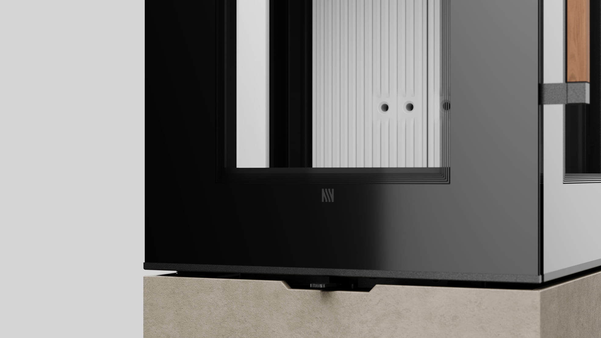 AXAM freistehender Stahlkaminofen in Fokos Talco Sinterquarz, weiße Auskleidung