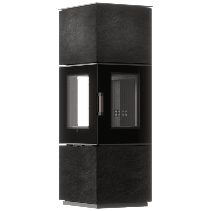 AXAM freistehender Stahlofen mit SETA LAKORIZONT-Sintergehäuse und schwarzer Verkleidung