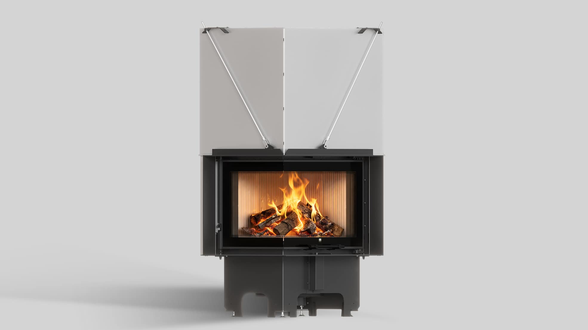 MILANO 610x430 – Linksseitiger Eckkamin mit Klapptüren, weiße Verkleidung