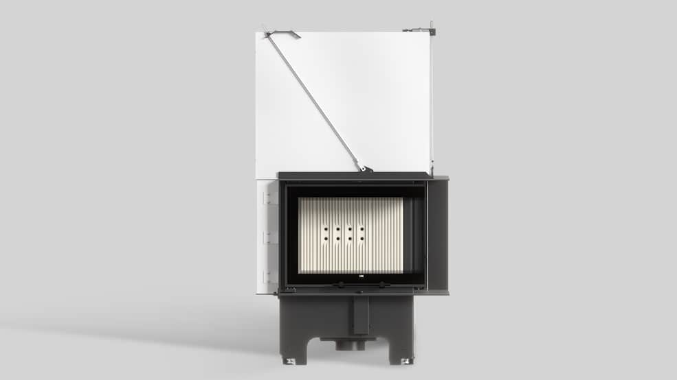 MILANO 610x430 Eckkamin rechts mit hochschiebbarer Tür, weißer Innenauskleidung