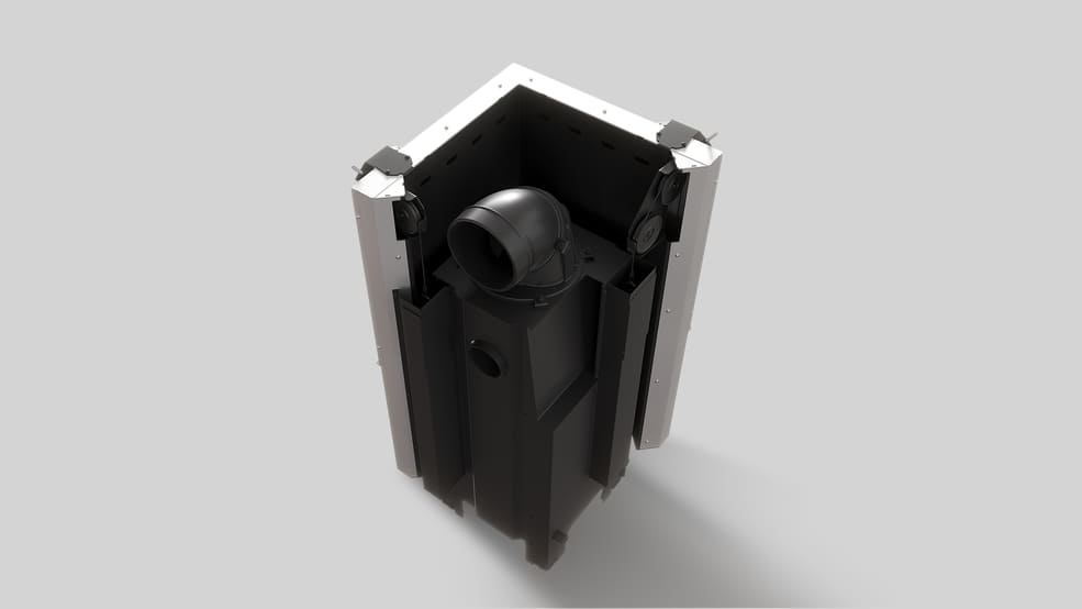 MILANO 480x480 – Rechtsseitiger Eckkamin mit Klapptüren, weiße Verkleidung