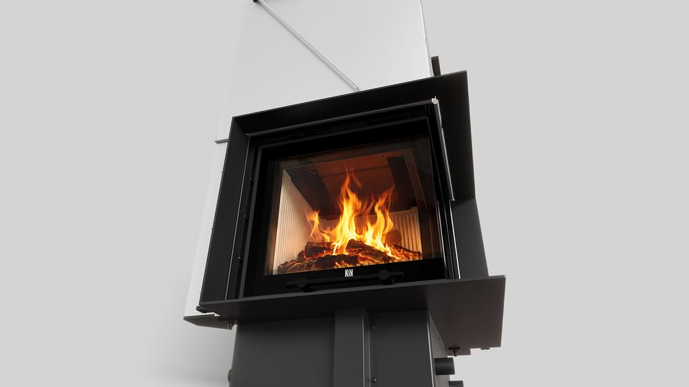 MILANO 480x480 – Rechtsseitiger Eckkamin mit Klapptüren, weiße Verkleidung