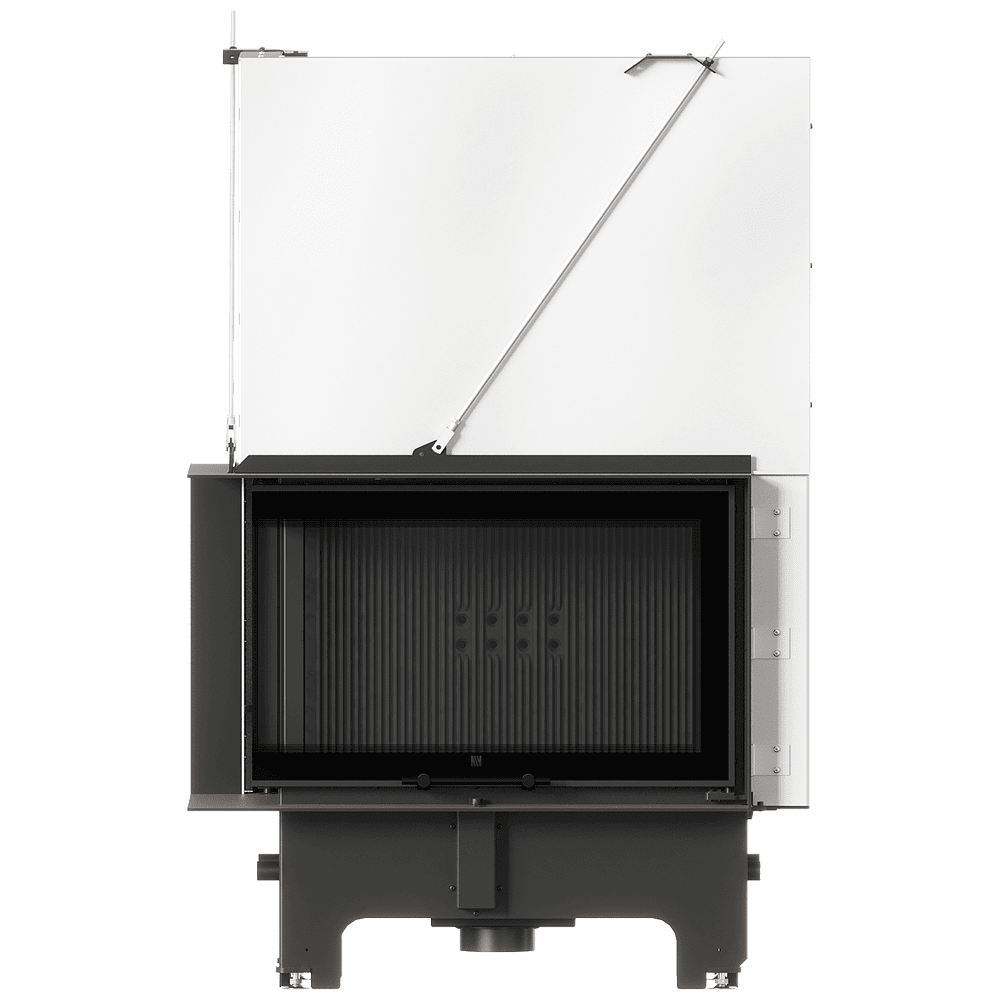 Balstil Milano 810x410 – Linksseitiger Eckkamin mit Klapptüren, schwarze Verkleidung