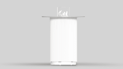 TABLE CORE 785 in Bianco colour, with Taj Mahal sintered quartz tabletop, with a manual bioethanol insert