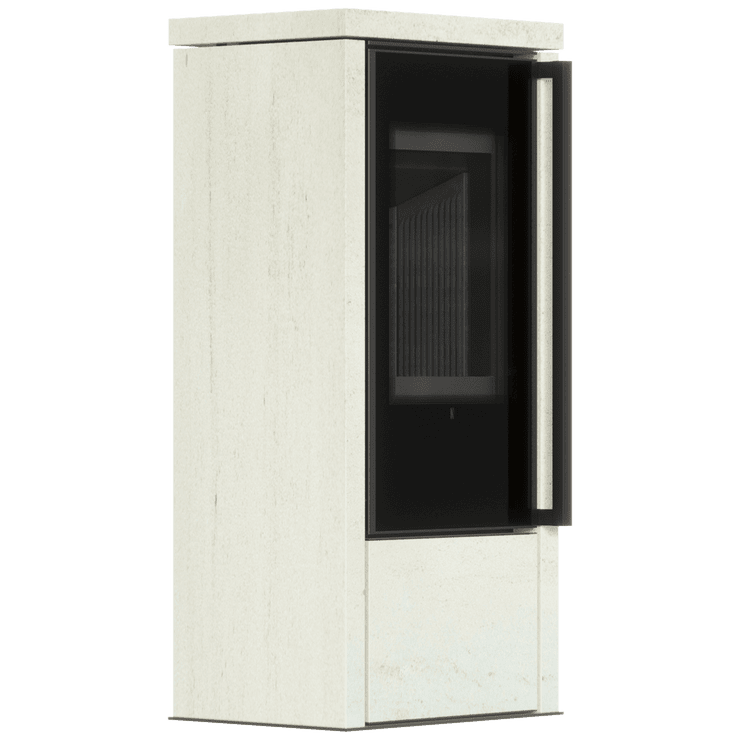 Freestanding steel stove KOZA AKNA in Ivory Glow stone with black lining