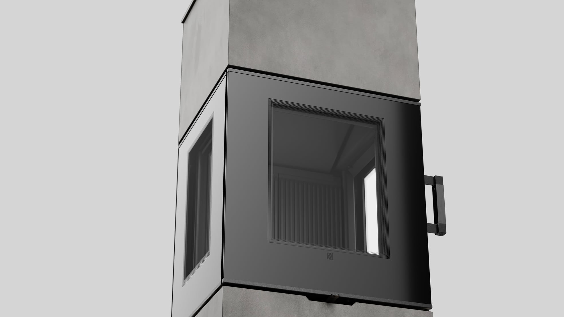 AXAM freistehender Stahlkaminofen in Calce Nero Sinterquarz, schwarze Auskleidung