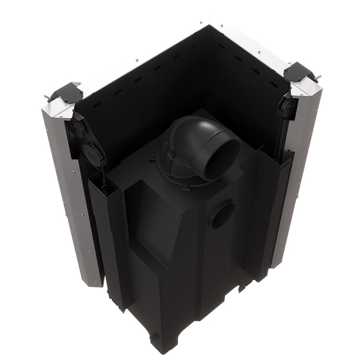 MILANO 700x480 Eckkamin links mit hochschiebbarer Tür, schwarzer Innenauskleidung