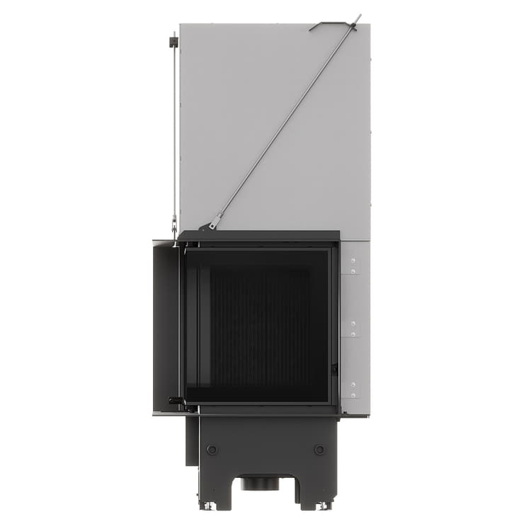 MILANO 700x480 Eckkamin rechts mit hochschiebbarer Tür, schwarzer Innenauskleidung