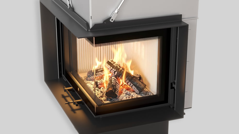 MILANO 610x430 Eckkamin rechts mit hochschiebbarer Tür, weißer Innenauskleidung