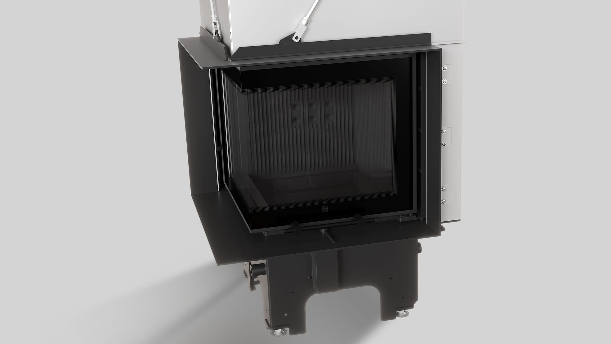 MILANO 480x480 Eckkamin links mit hochschiebbarer Tür, schwarzer Innenauskleidung