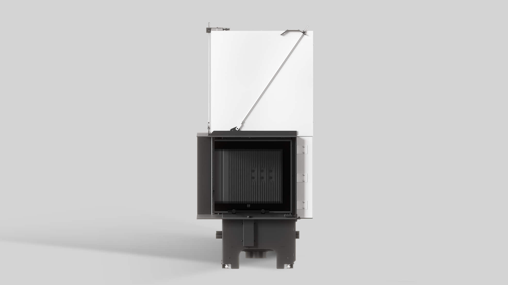 MILANO 480x480 Eckkamin links mit hochschiebbarer Tür, schwarzer Innenauskleidung