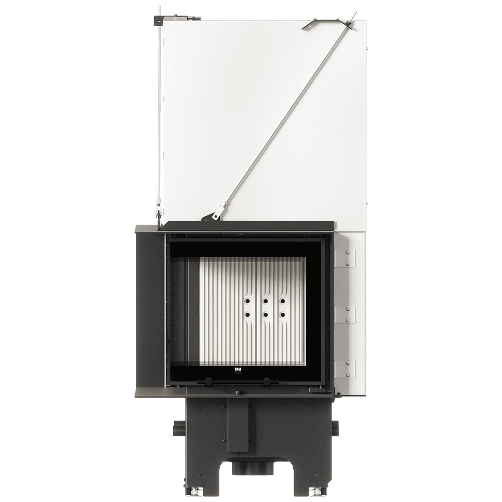 Balstil Milano 480x480 – Linksseitiger Eckkamin mit Klapptüren, weiße Verkleidung