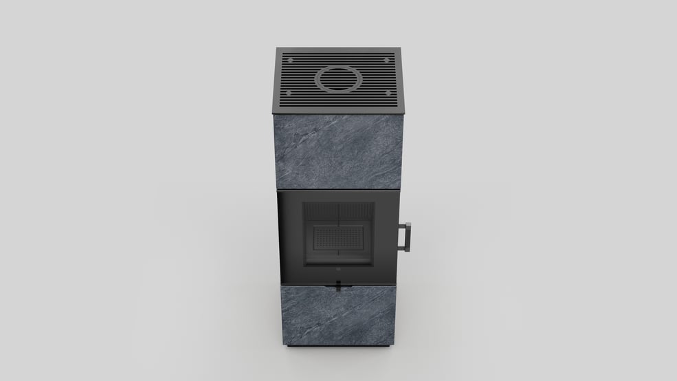 AXAM freistehender Stahlkaminofen in In-Side Pietra di Cardoso Grigio Sinterquarz, schwarze Auskleidung