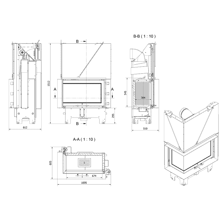 Balstil Milano 810x410 – Linksseitiger Eckkamin mit Klapptüren, schwarze Verkleidung