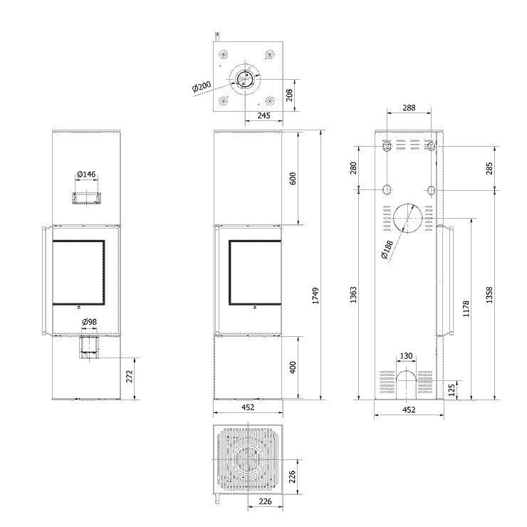 Piec wolnostojący Modena 175, 7kw, prawa, czarny termotec