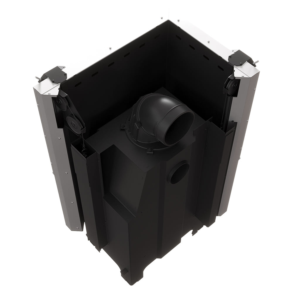 MILANO 700x480 Eckkamin links mit hochschiebbarer Tür, schwarzer Innenauskleidung