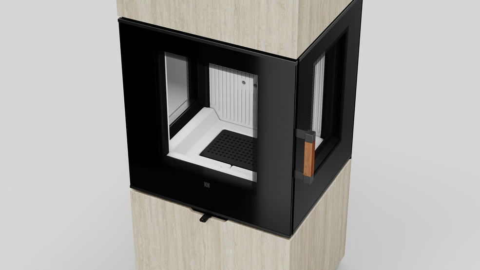 AXAM freistehender Stahlkaminofen in Hado Travertino Bianco Sinterquarz, weiße Auskleidung