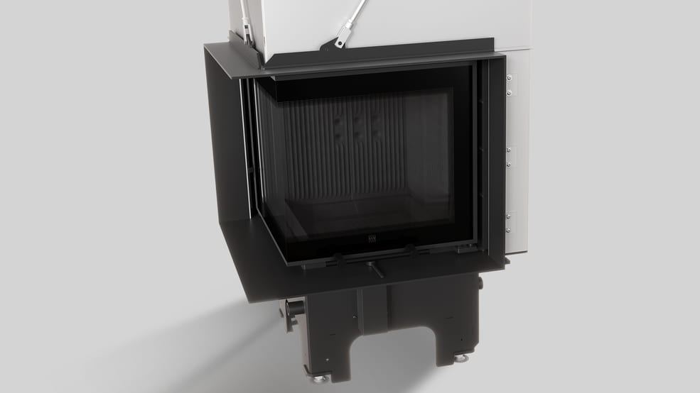 MILANO 480x480 Eckkamin links mit hochschiebbarer Tür, schwarzer Innenauskleidung