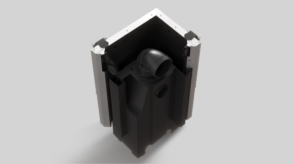 MILANO 610x430 Eckkamin links mit hochschiebbarer Tür, schwarzer Innenauskleidung