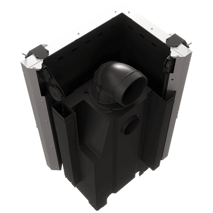 Balstil Milano 610x430 – Linksseitiger Eckkamin mit Klapptüren, weiße Verkleidung