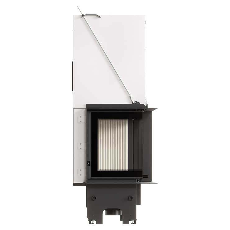 MILANO 810x410 – Linksseitiger Eckkamin mit Klapptüren, weiße Verkleidung