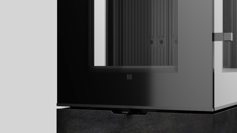 Freistehender Stahl-Kaminofen AXAM aus Fokos Grafite Sinterstein mit schwarzer Innenauskleidung