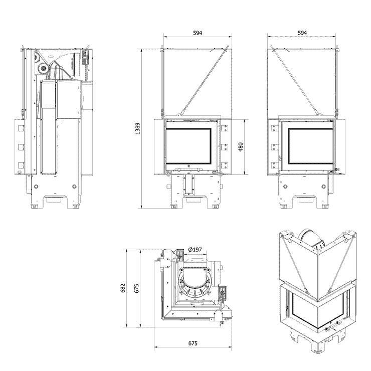 Balstil Milano 480x480 – Linksseitiger Eckkamin mit Klapptüren, weiße Verkleidung