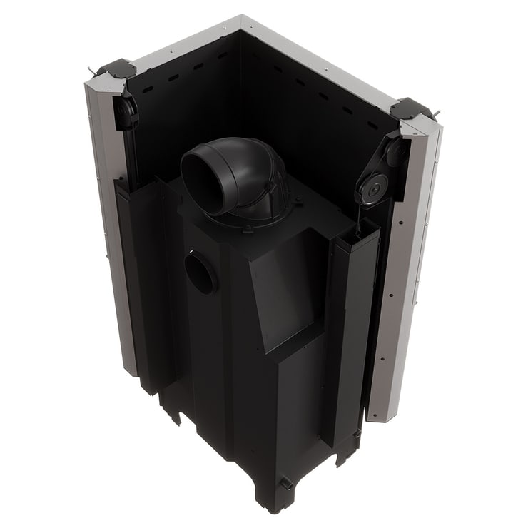 MILANO 700x480 Eckkamin rechts mit hochschiebbarer Tür, schwarzer Innenauskleidung