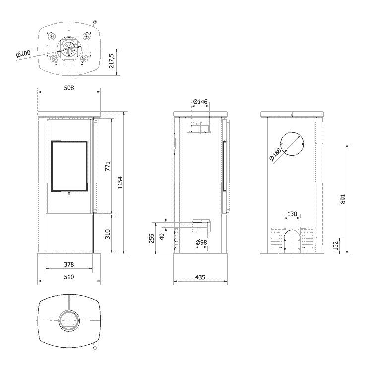 BRONN freistehender Stahlofen mit schwarzer Verkleidung