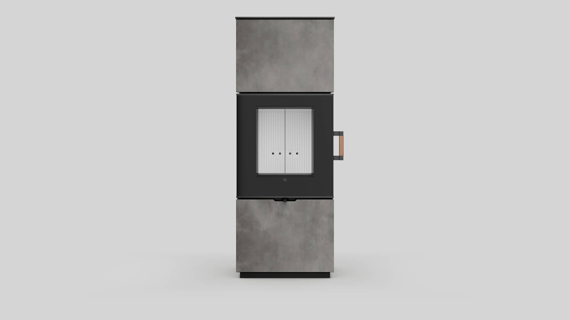 AXAM freistehender Stahlkaminofen in Calce Nero Sinterquarz, weiße Auskleidung