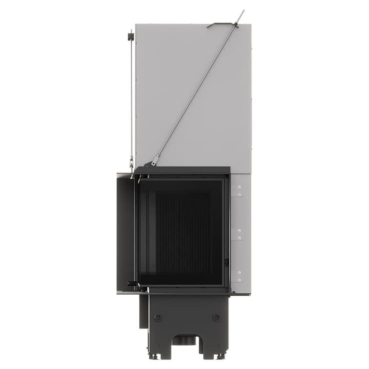 MILANO 810x410 Eckkamin rechts mit hochschiebbarer Tür, schwarzer Innenauskleidung