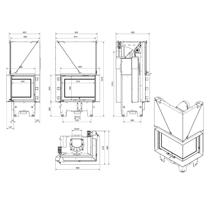 Balstil Milano 700x480 – Linksseitiger Eckkamin mit Klapptüren, schwarze Verkleidung