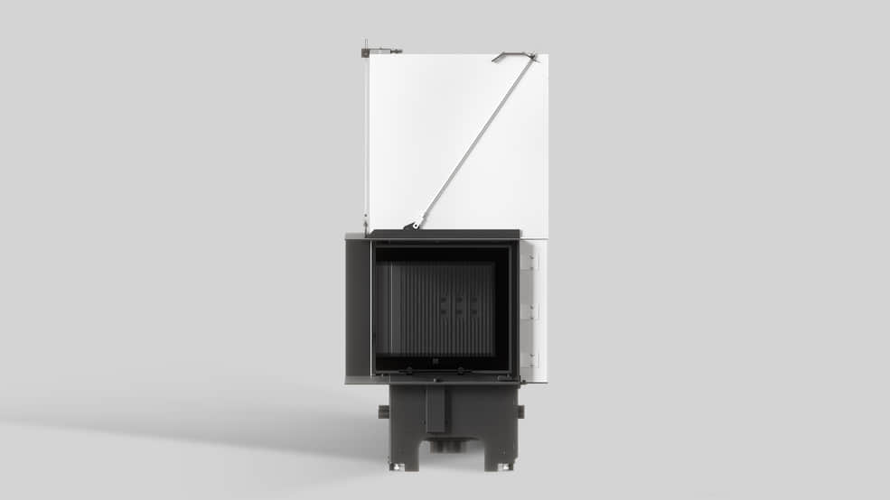 MILANO 480x480 Eckkamin links mit hochschiebbarer Tür, schwarzer Innenauskleidung