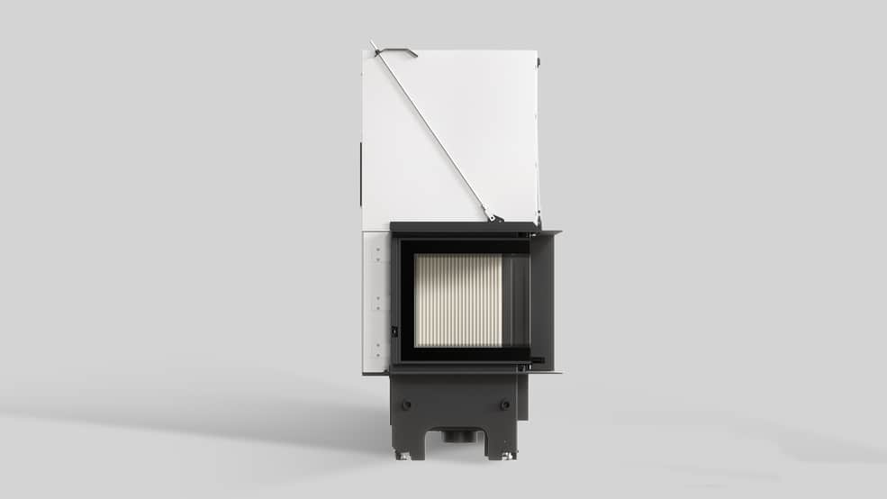 MILANO 480x480 – Linksseitiger Eckkamin mit Klapptüren, weiße Verkleidung