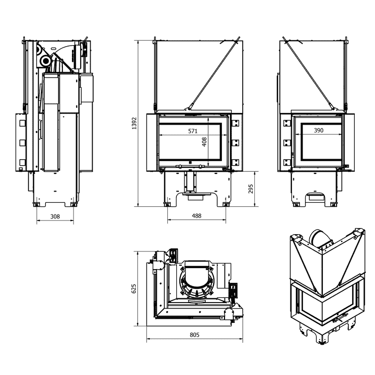 Balstil Milano 610x430 – Linksseitiger Eckkamin mit Klapptüren, weiße Verkleidung